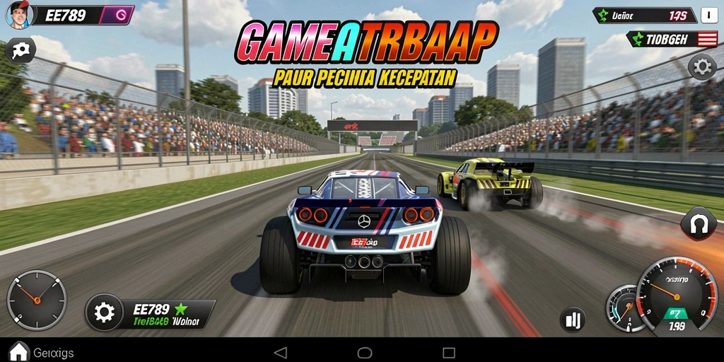 Tampilan screenshot gameplay EE789 dengan mobil balap yang melaju kencang.