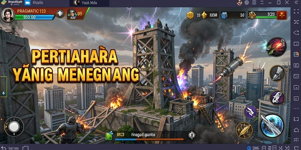Tampilan gameplay PRAGMATIC123 dengan menara yang berdiri kokoh menghadapi gelombang musuh.