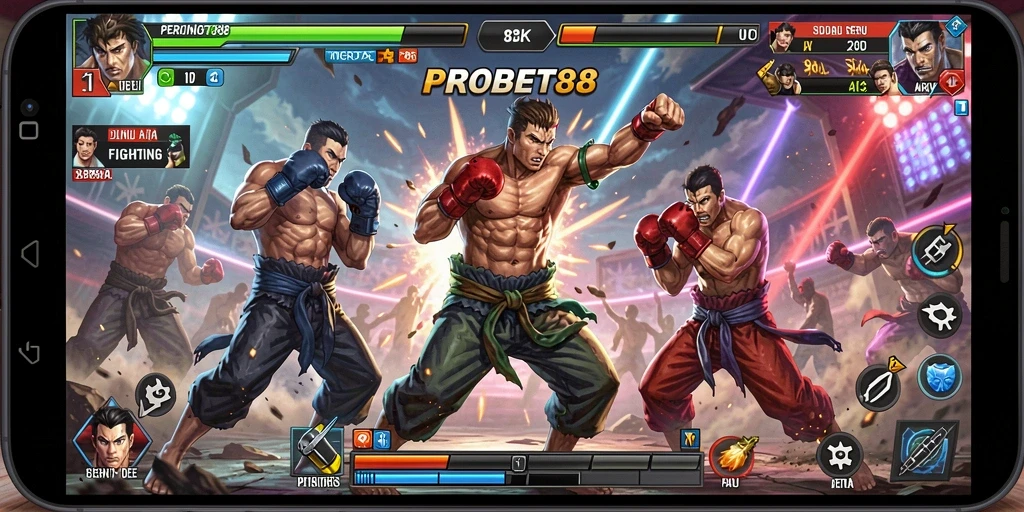 Screenshot PROBET88 menampilkan pertarungan yang dinamis dan karakter yang beragam.