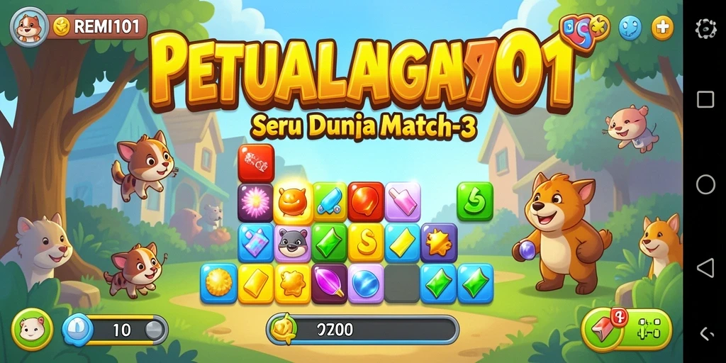Tampilan gameplay seru dari game Match-3 REMI101.